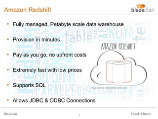 Amazon Redshift
• Fully managed, Petabyte scale data warehouse
• Provision in minutes

• Pay as you go, no upfront costs
• Extremely fast with low prices
• Supports SQL

Image courtesy: datacenterdynamics.com

• Allows JDBC & ODBC Connections
Blazeclan

4

Cloud IT Better

 