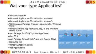 Wat voor type Applicaties?
Windows Installer
Microsoft Application Virtualization version 4
Microsoft Application Virtualization version 5
Windows App Package (*.appx,*.appxbundle, Windows
Store)
Windows Phone App Package (.xap, in the Windows
Phone Store)
App Package for iOS (*.ipa and App Store)
Mac OS X
App Package for Android (*.apk and Google Play)
Nokia SIS file
Windows Mobile Cabinet
Web Application
Platforms Windows
App
Windows
Phone
Apple
iOS
Android
Application
install
(sideloadin
g)
*.appx *.xap *.ipa *.apk
Deep links
from store
Windows
Store
Windows
Phone
Store
Apple App
Store
Google
Play
 