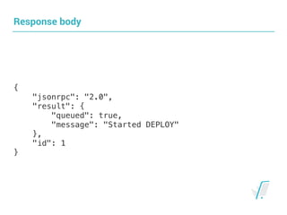 Response body
{
"jsonrpc": "2.0",
"result": {
"queued": true,
"message": "Started DEPLOY"
},
"id": 1
}
 