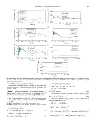 3.4.1. Stability analysis by Lyapunov method
According to Lyapunov stability criterion for non-linear and
uncertain systems, if Lyapunov functionΔVk o0, the closed loop
system is stable.
Theorem 1. : Under the assumption 1, the system described by (25)
is stable and the weights in the controller are updated as per (20)–
(21). Then a stable closed loop system will satisfy the following:
(i) The position tracking error between the reference input and
the system output converges to the small neighborhood
of zero.
(ii) Qk is bounded and Qk þ 1 ÀQkk

 converges to zero.
(iii) All the weight matrices in the RLS algorithm remains bounded.
From (26) we can obtain
HT
k þ 1Qkþ 1 þΔk ¼ βk HT
k þ1Qk þ1 þΔk
 
¼ βkek þ1 ð33Þ
Using (33), (30) can be re-written as
Qk þ 1 ¼ Qk ÀγkPkHkðHT
k Qk þ1 þΔkÞ ð34Þ
Using following matrix property
P þMNð ÞÀ 1
¼ P À1
ÀPÀ 1
MðIþNPÀ 1
MÀ 1
ÞNPÀ 1
PÀ 1
k þ 1 can be calculated as
PÀ 1
kþ 1 ¼ P À1
k þγkHkHT
k ð35Þ
Considering the following Lyapunov function as inspired by [40]
Vk þ1 ¼ QT
k þ1PÀ 1
kþ 1Qk þ1 ð36Þ
Substituting the value of PÀ 1
k þ1 from (35) in (36), the Lyapunov
function can be written as:
¼ QT
k þ1 P À1
k þγkHkHT
k
 
Qk þ 1
¼ QT
k þ 1PÀ 1
k Qk þ1 þγk HT
k Qk þ1
 2
¼ Qk À γkβkPkHT
k ek þ 1
 T
P À1
k Qk À γkβkPkHT
k ek þ 1
 
þγk HT
k Qk þ 1
 2
¼ Vk þγk HT
k Qk þ1
 2
À2 γkHT
k Qk HT
k Qk þΔk
 
þγ2
k HkPk À1HT
k
0 0.5 1.0 1.5 2.0 2.5 3.0 3.5 4.0
0
5
10
Time (s)
Position(radian)
MLRNNPID Link 1
Ref. Link1
MLRNNPID Link2
Ref. Link2
Opt NNPID link1
Opt. NNPID Link2
Opt PID Link1
Opt. PID link2
0 0.5 1.0 1.5 2.0 2.5 3.0 3.5 4.0
-0.01
0
0.01
0.02
Time (s)
ErrorLink1(radian)
MLRNNPID
OPTNNPID
OPTPID
0 0.5 1.0 1.5 2.0 2.5 3.0 3.5 4.0
-0.01
0
0.01
0.02
Time(s)
ErrorLink2(radian)
MLRNNPID
OPTNNPID
PID Error
0 0.5 1 1.5 2 2.5 3 3.5 4
-2
0
2
4
6
Time (s)
TorqueLink1(Nm)
NNPID
OPT NNPID
OPT PID
0 0.5 1,0 1.5 2.0 2.5 3.0 3.5 4.0
-0.5
0
0.5
1
1.5
Time (s)
TorqueLink2(Nm)
MLRNNPID
OPTNNPID
OPT PID
0 0.5 1.0 1.5 2.0 2.5 3.0 3.5 4.0
0
50
100
Time(s)
MLRNNPIDController
GainsVariationsLink2
Proportional Gain
Derivative Gain
Integral Gain
0 0.5 1.0 1.5 2.0 2.5 3.0 3.5 4.0
0
200
400
600
Time(s)
MLRNNPIDController
GainVariation(link1)
Proportional Gain
Derivative Gain
Integral Gain
Fig. 6. Performance comparison of implemented control schemes under nominal parameters and variable payload (a) trajectory tracking, (b) tracking error for link 1,
(c) tracking error for link 2, (d) controller output for link1, (e) controller output for link2, (f) variation in gains of MLRNNPID controller for link 2 and (g) variations in gains of
MLRNNPID controller for link 1.
R. Sharma et al. / ISA Transactions 62 (2016) 258–267 263
 