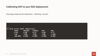 23
Choosing a Data Set for Calibration – Defining “normal”
Calibrating AHF to your RAC deployment
...
2) Disk write (ASM) (Mbyte/sec)
MEAN MEDIAN STDDEV MIN MAX
0.01 0.00 0.15 0.00 6.77
<50 <100 <150 <200 >=200
100.00% 0.00% 0.00% 0.00% 0.00%
...
Copyright © 2021, Oracle and/or its affiliates
 