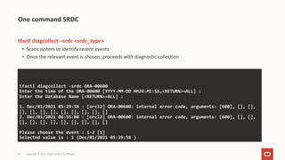 53
tfactl diagcollect –srdc <srdc_type>
• Scans system to identify recent events
• Once the relevant event is chosen, proceeds with diagnostic collection
One command SRDC
tfactl diagcollect -srdc ORA-00600
Enter the time of the ORA-00600 [YYYY-MM-DD HH24:MI:SS,<RETURN>=ALL] :
Enter the Database Name [<RETURN>=ALL] :
1. Dec/01/2021 05:29:58 : [orcl2] ORA-00600: internal error code, arguments: [600], [], [],
[], [], [], [], [], [], [], [], []
2. Dec/01/2021 06:55:08 : [orcl2] ORA-00600: internal error code, arguments: [600], [], [],
[], [], [], [], [], [], [], [], []
Please choose the event : 1-2 [1]
Selected value is : 1 (Dec/01/2021 05:29:58 )
Copyright © 2021, Oracle and/or its affiliates
 