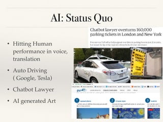 AI: Status Quo
• Hitting Human
performance in voice,
translation
• Auto Driving
( Google, Tesla)
• Chatbot Lawyer
• AI generated Art
4
 
