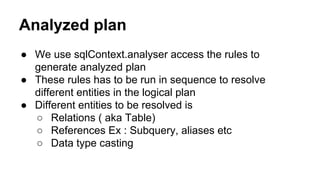 Analyzed plan
● We use sqlContext.analyser access the rules to
generate analyzed plan
● These rules has to be run in sequence to resolve
different entities in the logical plan
● Different entities to be resolved is
○ Relations ( aka Table)
○ References Ex : Subquery, aliases etc
○ Data type casting
 