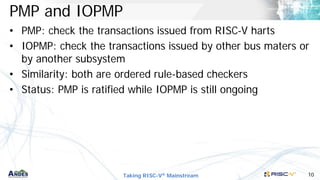Taking RISC-V® Mainstream 10
PMP and IOPMP
• PMP: check the transactions issued from RISC-V harts
• IOPMP: check the transactions issued by other bus maters or
by another subsystem
• Similarity: both are ordered rule-based checkers
• Status: PMP is ratified while IOPMP is still ongoing
 