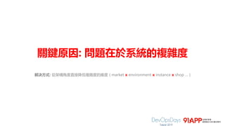 關鍵原因: 問題在於系統的複雜度
解決方式: 從架構角度直接降低複雜度的維度 ( market x environment x instance x shop … )
 