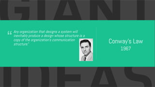 “ Conway’s Law
1967
Any organization that designs a system will
inevitably produce a design whose structure is a
copy of the organization's communication
structure.”
 