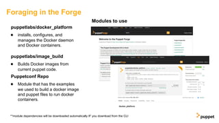 Foraging in the Forge
puppetlabs/docker_platform
● installs, configures, and
manages the Docker daemon
and Docker containers.
puppetlabs/image_build
● Builds Docker images from
current puppet code.
Puppetconf Repo
● Module that has the examples
we used to build a docker image
and puppet files to run docker
containers.
Modules to use
**module dependencies will be downloaded automatically IF you download from the CLI
 