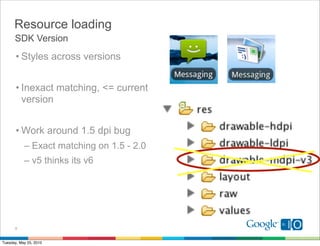 Resource loading
      SDK Version
       • Styles across versions


       • Inexact matching, <= current
         version


       • Work around 1.5 dpi bug
           – Exact matching on 1.5 - 2.0
           – v5 thinks its v6




      9


Tuesday, May 25, 2010
 