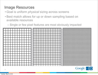 Image Resources
       • Goal is uniform physical sizing across screens
       • Best match allows for up or down sampling based on
         available resources
           – Single or few pixel features are most obviously impacted




      11


Tuesday, May 25, 2010
 