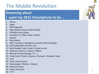 The Mobile Revolution
Dreaming aloud
I want my 2015 Smartphone to be …
1. Phone
2. Pager
3. PDA Organizer
4. High Quality Camera (still & video)
5. Portable music player
6. Portable TV / Video Player / Radio
7. Laptop
8. Play Station
9. GPS / Compass / Navigation (road & inside buildings)
10. Golf Caddy (ball retriever too)
11. Book Reader (I don’t read, It reads to me)
12. Electronic key (Car / Home / Office)
13. Remote Control (Garage, TV, …)
14. Credit Card / Driver’s License / Passport / Airplane Ticket
15. Cash
16. Cook, house chores
17. Psychologist / Mentor / Adviser
18. Personal trainer
19. Dance instructor
20. ????
11
 