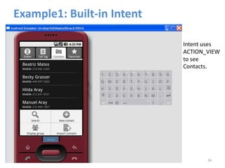 Example1: Built-in Intent
Intent uses
ACTION_VIEW
to see
Contacts.
26
 