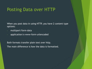 Posting Data over HTTP
When you post data in using HTTP, you have 2 content type
options:
- multipart/form-data
- application/x-www-form-urlencoded
Both formats transfer plain text over http.
The main difference is how the data is formatted.
 