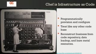 Chef is Infrastructure as CodeChef is Infrastructure as Code
http://www.flickr.com/photos/louisb/4555295187/
• Programmatically
provision and configure
• Treat like any other code
base
• Reconstruct business from
code repository, data
backup, and bare metal
resources.
 