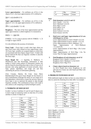 IJRET: International Journal of Research in Engineering and Technology eISSN:2319-1163 | pISSN: 2321-7308
_______________________________________________________________________________________
Volume: 03 Issue: 11 | Nov-2014, Available @ http://www.ijret.org 185
Lower approximation: - For attributes set of B in A the
objects X in U, the lower approximation of X is defined as
XB=U {xi|[xi]Ind(B) ⊆ X}
Upper approximation: - For attributes set of B in A the
objects X in U, the upper approximation of X is defined as
XB=U {xi|[xi]Ind(B) ∩ X ≠ ∅}
Roughness: - The ratio of the lower approximation and the
upper approximation is called roughness it is measured as
RB(X) = 1 - |XB|/|XB|
If RB(X) = 0, X is crisp or precise with B. If RB(X) < 1, X
is rough or vague with B.
It is also defined as the accuracy of estimation.
Fuzzy Logic: - Fuzzy logic is multi value logic where we
don’t have exact value instead we have approximate value.
All Fuzzy logic variables are assigned degree to which they
are associated with these degree ranges 0 and 1. It deals with
partial truth.[4] We then use linguistic variables to describe
this fuzzy logic.
Fuzzy Rough Set: - I. Jagielska, C. Matthews, T.
Whitfort,[8] stats that Knowledge, Information or data
hidden ie which creates pattern in information systems can
also be found by describing them data in form of some set of
decision rules using application of neural networks, fuzzy
logic, genetic algorithms, and rough sets and thus
automating the process of information gathering.
Chris Cornelis, Martine De Cock, Anna Maria
Radzikowska[5] has given Fuzzy Rough set also known as
fuzzy hybridization of Rough Set where we use rough set to
find dependency which help to cluster the universe where as
fuzzy logic is use to represent the pattern in data through
linguistic variables. This combination of fuzzy with rough is
also called as soft computing or hybrid intelligent system.
3. WORKING OF ROUGH SET
In table 1 we have 2 attribute A1 and A2 and 10 objects now
to show rough set clustering works we take here A1 as base
attribute to cluster 10 objects set
A1 A2
1 Big Blue
2 Medium Red
3 Small Yellow
4 Medium Blue
5 Small Yellow
6 Big Green
7 Small Yellow
8 Small Yellow
9 Big Green
10 Medium Green
Steps
1. Find elementary set of A1 and A2
X(A1=Small) = {3,5,7,8}
X(A1=Medium)={2,4,10}
X(A1=Big)={1,6,9}
X(A2=Blue)={1,4}
X(A2=Red)={2}
X(A2=Yellow)={3,5,7,8}
X(A2=Green)={6,9,10}
2. Find Lower and Upper Approximation of A1 sets
with Respect to A2 sets
Lower Approximation of X(A1=Small)={3,5,7,8}
Upper Approximation of X(A1=Small) ={3,5,7,8}
Lower Approximation of X(A1=Medium) ={2}
Upper Approximation of X(A1=Medium)
={1,2,4,6,9,10}
Lower Approximation of X(A1=Big) ={No Lower
Approximation}
Upper Approximation of X(A1=Big) ={As No
Lower Thus No Upper Approximation}
3. Find Roughness of each elementary set of A1
Roughness X(A1=Small)=1-(4/4)=0
Roughness X(A1=Medium)=1 (1/6)=0.833
Roughness X(A1=Big)=N/A
4. Cluster objects based on elementary set
As X(A1=Small) have lower Roughness we will
split into two Cluster one with Small and Other with
Big, Medium
4. PROBLEM WITH ROUGH SET
With traditional rough set when we have no crisp relation in
data we cannot do clustering let us take table 2 as example
A1 A2
1 Big Blue
2 Medium Pink
3 Small Red
4 Medium Orange
5 Small Blue
6 Big Red
7 Small Yellow
8 Small Pink
9 Big Orange
10 Medium Yellow
X(A1=Small) = {3,5,7,8}
X(A1=Medium)={2,4,10}
X(A1=Big)={1,6,9}
X(A2=Blue)={1,5}
X(A2=Pink)={8,2}
 