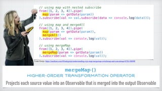 // using map with nested subscribe
from([1, 2, 3, 4]).pipe(
map(param => getData(param))
).subscribe(val => val.subscribe(data => console.log(data)));
// using map and mergeAll
from([1, 2, 3, 4]).pipe(
map(param => getData(param)),
mergeAll()
).subscribe(val => console.log(val));
// using mergeMap
from([1, 2, 3, 4]).pipe(
mergeMap(param => getData(param))
).subscribe(val => console.log(val));
mergeMap()
Higher-order transformation operator
Luuk Gruijs: https://medium.com/@luukgruijs/understanding-rxjs-map-mergemap-switchmap-and-concatmap-833fc1fb09ff
Projects each source value into an Observable that is merged into the output Observable
 