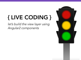 { LIVE CODING }
let’s build the view layer using
Angular2 components
 