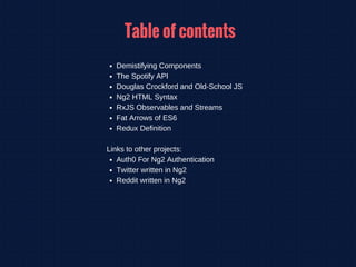 Table of contents
Demistifying Components
The Spotify API
Douglas Crockford and Old-School JS
Ng2 HTML Syntax
RxJS Observables and Streams
Fat Arrows of ES6
Redux Definition
Links to other projects:
Auth0 For Ng2 Authentication
Twitter written in Ng2
Reddit written in Ng2
 