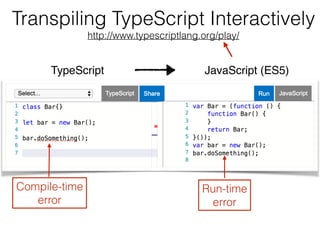 Transpiling TypeScript Interactively 
http://www.typescriptlang.org/play/
TypeScript JavaScript (ES5)
Compile-time  
error
Run-time  
error
 
