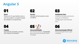Angular 5
01 02 03
Start
Possui um CLI que facilita muito o
start do projeto e na padronização
de módulos e componentes.
Forms
Gerador de formulários muito
completo.
Ambiente Dev
Ambiente de desenvolvimento
baseado no WebPack,
configuração automatizada
(CLI).
04 05 06
Testes
Ferramentas de testes: jasmine,
ATU, Karma e Protractor.
Documentação
Ferramenta terceira, Compodoc
gera uma documentação super
completa.
Documentação Oficial
Documentação oficial super
completa.
 