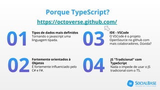 Porque TypeScript?
https://octoverse.github.com/
Tipos de dados mais definidos
Tornando o javascript uma
linguagem tipada.
IDE - VSCode
O VSCode é o projeto
OpenSource no github com
mais colaboradores. Dúvida?
Fortemente orientados à
Objetos
É fortemente influenciado pelo
C# e F#.
JS "Tradicional" com
TypeScript
Nada o impede de usar o JS
tradicional com o TS.
 