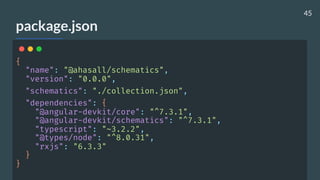package.json
{
"name": "@ahasall/schematics",
"version": "0.0.0",
"schematics": "./collection.json",
"dependencies": {
"@angular-devkit/core": "^7.3.1",
"@angular-devkit/schematics": "^7.3.1",
"typescript": "~3.2.2",
"@types/node": "^8.0.31",
"rxjs": "6.3.3"
}
}
45
 
