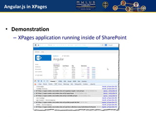 Angular.js in XPages 
• Demonstration 
– XPages application running inside of SharePoint 
 