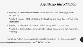 AngularJS Introduction
• AngularJS is a JavaScript framework. It can be added to an HTML page with a
<script> tag.
• AngularJS extends HTML attributes with Directives, and binds data to HTML with
Expressions.
• AngularJS is a JavaScript framework. It is a library written in JavaScript.
• AngularJS is distributed as a JavaScript file, and can be added to a web page with a
script tag:
<script src="http://ajax.googleapis.com/ajax/libs/angularjs/1.3.14/angular.min.js">
</script> infobizzs.com
 