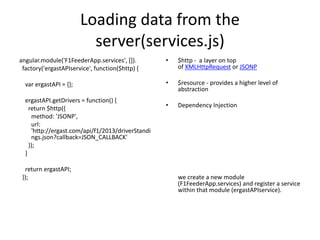 Loading data from the
server(services.js)
angular.module('F1FeederApp.services', []).
factory('ergastAPIservice', function($http) {
var ergastAPI = {};
ergastAPI.getDrivers = function() {
return $http({
method: 'JSONP',
url:
'http://ergast.com/api/f1/2013/driverStandi
ngs.json?callback=JSON_CALLBACK'
});
}
return ergastAPI;
});
• $http - a layer on top
of XMLHttpRequest or JSONP
• $resource - provides a higher level of
abstraction
• Dependency Injection
we create a new module
(F1FeederApp.services) and register a service
within that module (ergastAPIservice).
 