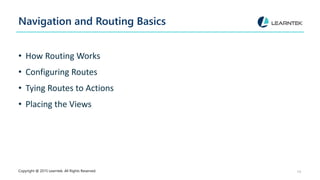Navigation and Routing Basics
• How Routing Works
• Configuring Routes
• Tying Routes to Actions
• Placing the Views
Copyright @ 2015 Learntek. All Rights Reserved. 14
 