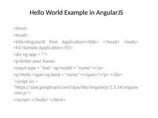 Hello World Example in AngularJS
<html>
<head>
<title>AngularJS First Application</title> </head> <body>
<h1>Sample Application</h1>
<div ng-app = "">
<p>Enter your Name:
<input type = "text" ng-model = "name"></p>
<p>Hello <span ng-bind = "name"></span>!</p> </div>
<script src =
"https://ajax.googleapis.com/ajax/libs/angularjs/1.3.14/angular
.min.js">
</script> </body> </html>
 