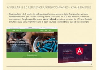 ANGULAR JS 2.0 REFERENCE USERS&COMPANIES - KIVA & RANGLE
Kiva|rangle.io - 2-3 weeks to pull app together; one week to build ﬁrst product version;
handles 60 frames per second scrolling; native transitions on iOS and Android; Awesome
components; Rangle was able to use auto reload to release product for iOS and Android
simultaneously using Workﬂow; this is open sourced so available as a good base example
9
 
