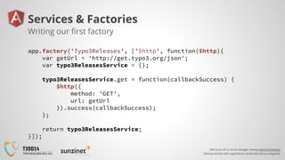 20th June 2014, Armin Rüdiger Vieweg (@ArminVieweg)
Getting started with superheroic JavaScript library AngularJS
Services & Factories
Writing our first factory
app.factory('Typo3Releases', ['$http', function($http){
var getUrl = 'http://get.typo3.org/json';
var typo3ReleasesService = {};
typo3ReleasesService.get = function(callbackSuccess) {
$http({
method: 'GET',
url: getUrl
}).success(callbackSuccess);
};
return typo3ReleasesService;
}]);
 