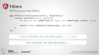 20th June 2014, Armin Rüdiger Vieweg (@ArminVieweg)
Getting started with superheroic JavaScript library AngularJS
Filters
Writing your own filters
app.filter('replaceVowelsWith', function(){
return function(input, option){
if (option === undefined || input === undefined) return input;
return input.replace(/[aeiou]/gi, option);
}
});
{{'Drei Chinesen mit dem Kontrabass...' | 'e'}}
Dree Chenesen met dem Kentrebess...
 