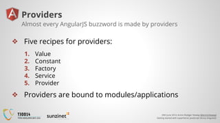 20th June 2014, Armin Rüdiger Vieweg (@ArminVieweg)
Getting started with superheroic JavaScript library AngularJS
Providers
❖ Five recipes for providers:
1. Value
2. Constant
3. Factory
4. Service
5. Provider
❖ Providers are bound to modules/applications
Almost every AngularJS buzzword is made by providers
 