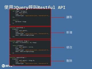 使用JQuery呼叫Restful API 
讀取 
新增 
修改 
刪除 
 