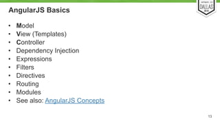 AngularJS Basics 
• Model 
• View (Templates) 
• Controller 
• Dependency Injection 
• Expressions 
• Filters 
• Directives 
• Routing 
• Modules 
• See also: AngularJS Concepts 
13 
 