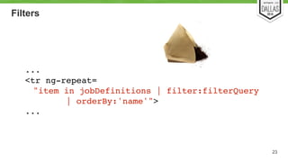 Filters 
23 
...! 
<tr ng-repeat=! 
! "item in jobDefinitions | filter:filterQuery 
| orderBy:'name'">! 
... 
 