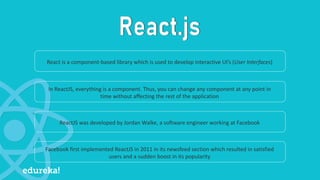 React is a component-based library which is used to develop interactive UI’s (User Interfaces)
In ReactJS, everything is a component. Thus, you can change any component at any point in
time without affecting the rest of the application
ReactJS was developed by Jordan Walke, a software engineer working at Facebook
Facebook first implemented ReactJS in 2011 in its newsfeed section which resulted in satisfied
users and a sudden boost in its popularity
 