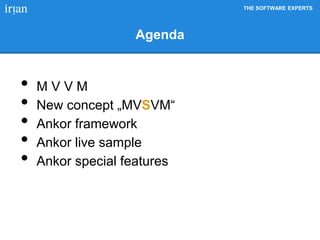 THE SOFTWARE EXPERTS 
Agenda 
• M V V M 
• New concept „MVSVM“ 
• Ankor framework 
• Ankor live sample 
• Ankor special features 
 