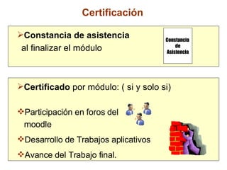 Certificación Constancia de asistencia al finalizar el módulo Constancia  de Asistencia Certificado  por módulo:  ( si y solo si) Participación en foros del moodle Desarrollo de  Trabajo s aplicativos Avance del Trabajo final. 