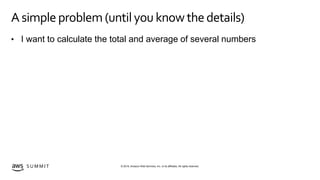 © 2019, Amazon Web Services, Inc. or its affiliates. All rights reserved.S U M M I T
A simpleproblem (untilyou knowthedetails)
• I want to calculate the total and average of several numbers
 