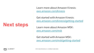 © 2019, Amazon Web Services, Inc. or its affiliates. All rights reserved.S U M M I T
aws.amazon.com/kinesis
aws.amazon.com/kinesis/getting-started
aws.amazon.com/msk
aws.amazon.com/msk/getting-started
 