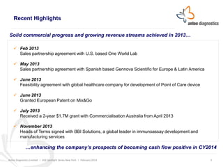 Recent Highlights
Solid commercial progress and growing revenue streams achieved in 2013…
 Feb 2013
Sales partnership agreement with U.S. based One World Lab
 May 2013
Sales partnership agreement with Spanish based Gennova Scientific for Europe & Latin America
 June 2013
Feasibility agreement with global healthcare company for development of Point of Care device
 June 2013
Granted European Patent on Mix&Go
 July 2013
Received a 2-year $1.7M grant with Commercialisation Australia from April 2013
 November 2013
Heads of Terms signed with BBI Solutions, a global leader in immunoassay development and
manufacturing services

…enhancing the company’s prospects of becoming cash flow positive in CY2014
Anteo Diagnostics Limited I ASX Spotlight Series New York I February 2014

3

 