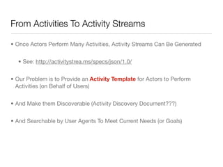 From Activities To Activity Streams

• Once Actors Perform Many Activities, Activity Streams Can Be Generated


  • See: http://activitystrea.ms/specs/json/1.0/


• Our Problem is to Provide an Activity Template for Actors to Perform
  Activities (on Behalf of Users)


• And Make them Discoverable (Activity Discovery Document???)


• And Searchable by User Agents To Meet Current Needs (or Goals)
 