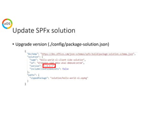Update SPFx solution
• Upgrade version (./config/package-solution.json)
 