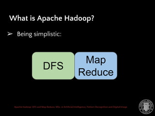 Apache Hadoop: DFS and Map Reduce. MSc. in Artificial Intelligence, Pattern Recognition and Digital Image
➢ Being simplistic:
What is Apache Hadoop?
DFS
Map
Reduce
 