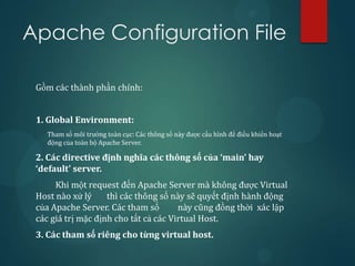 Apache Configuration File

 Gồm các thành phần chính:


 1. Global Environment:
   Tham số môi trường toàn cục: Các thông số này được cấu hình để điều khiển hoạt
   động của toàn bộ Apache Server.

 2. Các directive định nghĩa các thông số của ‘main’ hay
 ‘default’ server.
      Khi một request đến Apache Server mà không được Virtual
 Host nào xử lý     thì các thông số này sẽ quyết định hành động
 của Apache Server. Các tham số        này cũng đồng thời xác lập
 các giá trị mặc định cho tất cả các Virtual Host.
 3. Các tham số riêng cho từng virtual host.
 