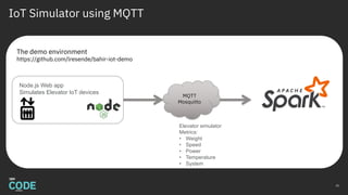 IoT Simulator using MQTT
The demo environment
https://github.com/lresende/bahir-iot-demo
41
Node.js Web app
Simulates Elevator IoT devices
Elevator simulator
Metrics:
• Weight
• Speed
• Power
• Temperature
• System
MQTT
Mosquitto
 