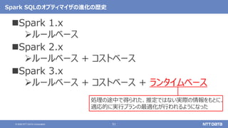 51© 2020 NTT DATA Corporation
Spark SQLのオプティマイザの進化の歴史
Spark 1.x
ルールベース
Spark 2.x
ルールベース + コストベース
Spark 3.x
ルールベース + コストベース + ランタイムベース
処理の途中で得られた、推定ではない実際の情報をもとに、
適応的に実行プランの最適化が行われるようになった
 